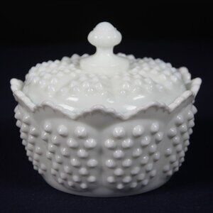 Vintage Fenton Milk Glass Hobnail Covered Candy Dish